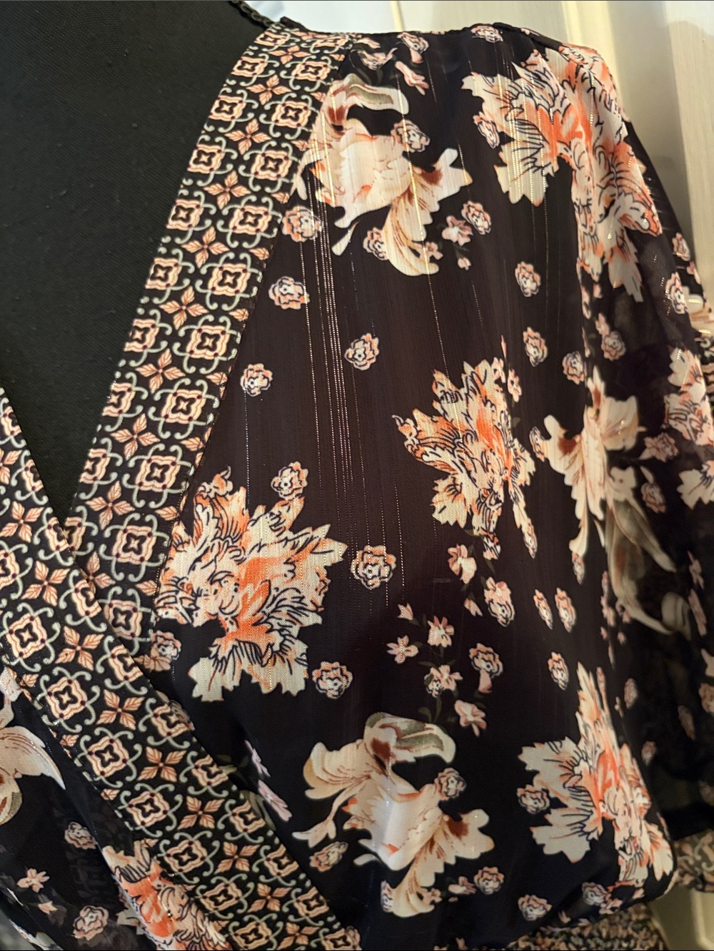Black Boho Floral Maxi Dress with Smocked Waist and V-Neck - Picture 4 of 9